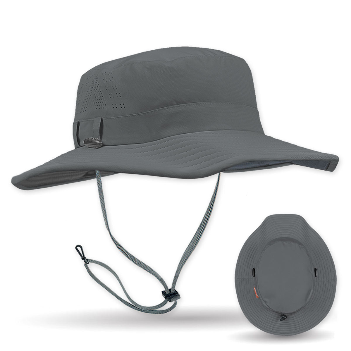Gray wide-brimmed hat with a strap on a white background