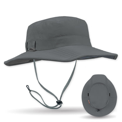 Gray wide-brimmed hat with a strap on a white background