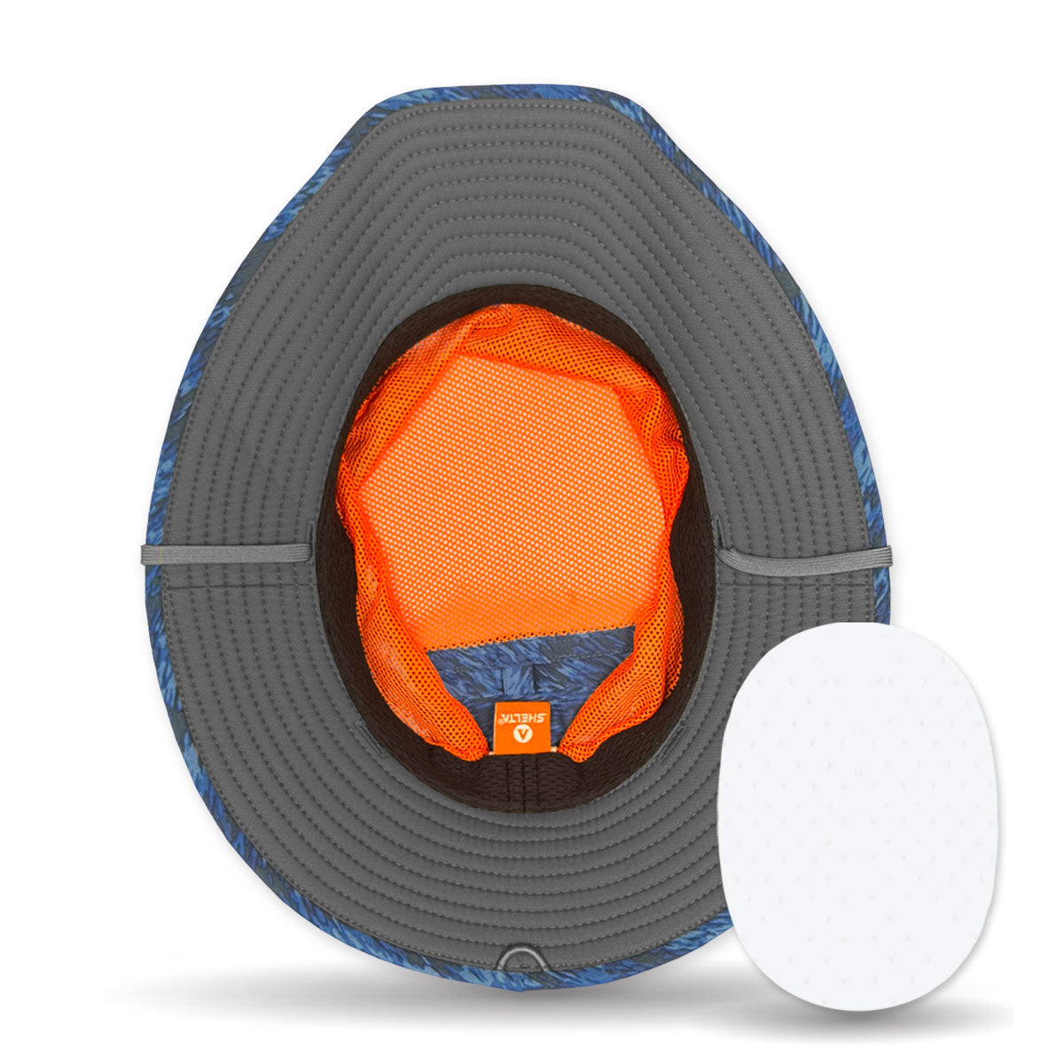 Orange and blue sleeping bag in a gray carrying case on a white background