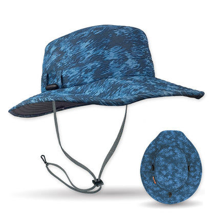Blue camouflage wide-brimmed hat with chin strap on a white background