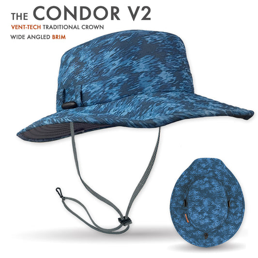 Blue patterned sun hat with wide brim and chin strap on a white background, featuring 'The Condor V2' text.