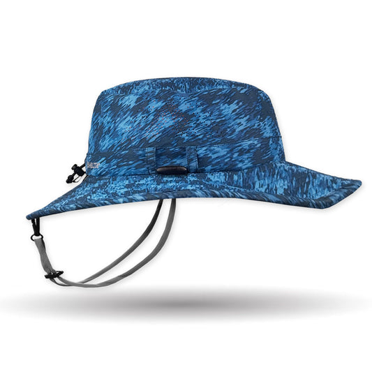 Blue patterned bucket hat with a chin strap on a white background