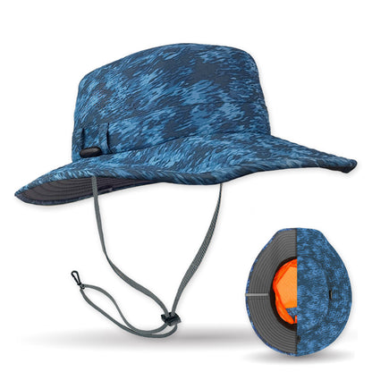 Blue camouflage bucket hat with chin strap on a white background