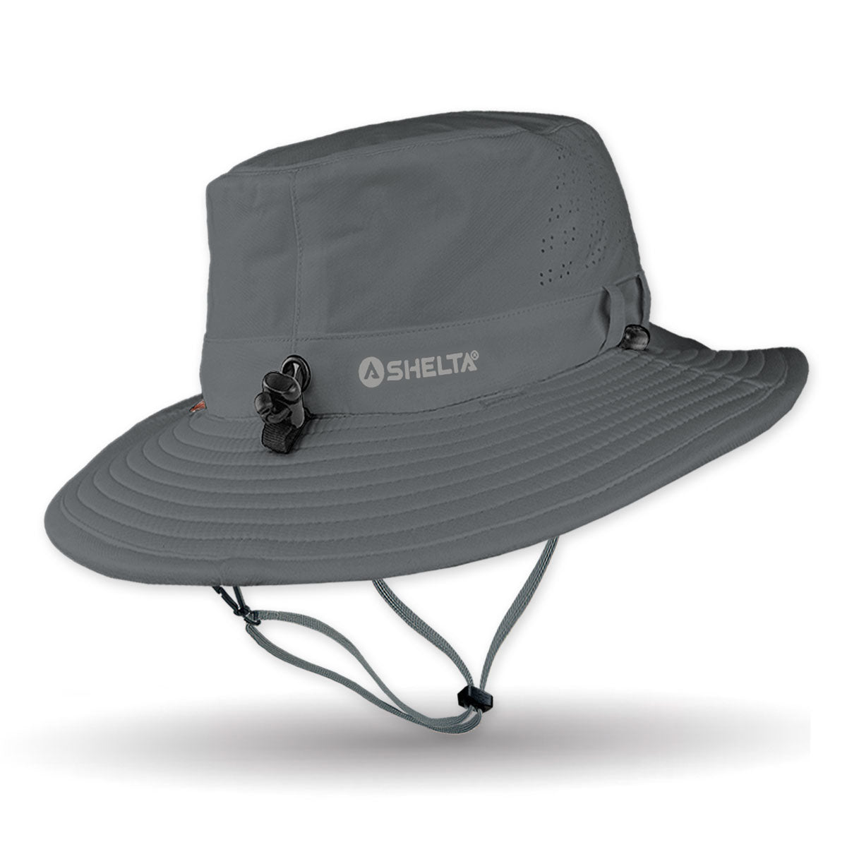 Gray wide-brimmed hat with a drawstring on a white background