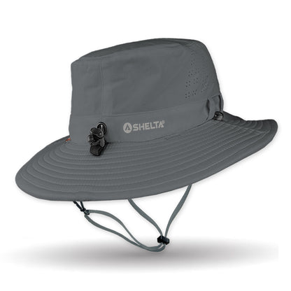 Gray wide-brimmed hat with a drawstring on a white background