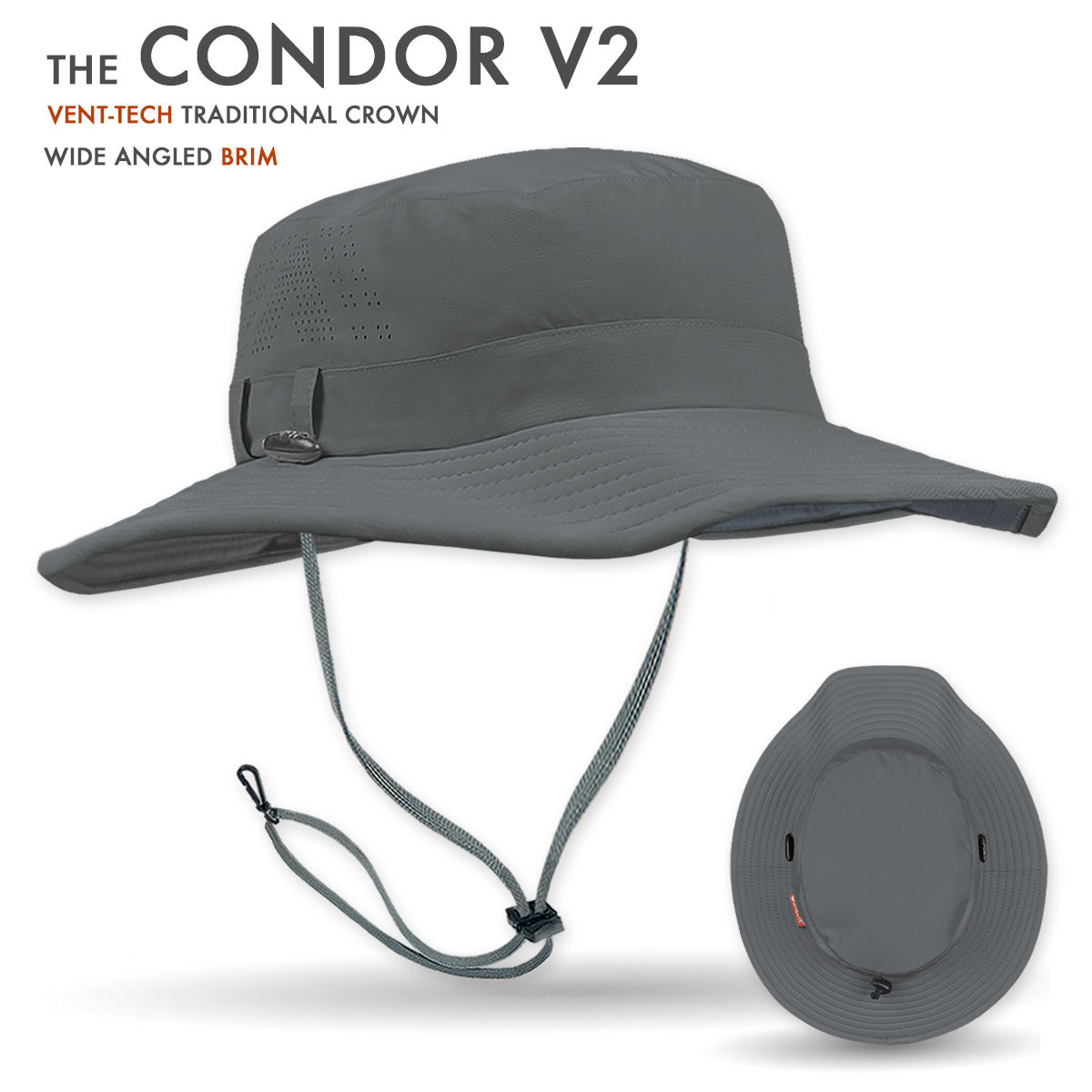 Gray wide-brimmed hat with vent-tech traditional crown and wide angled brim on a white background