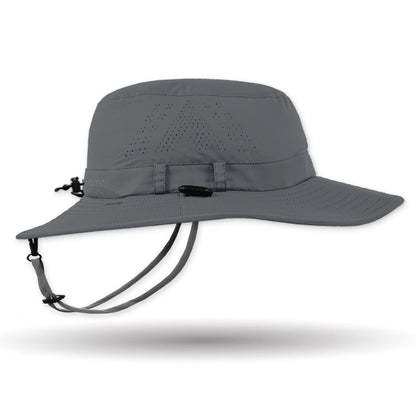 Gray wide-brimmed hat with a chin strap on a white background