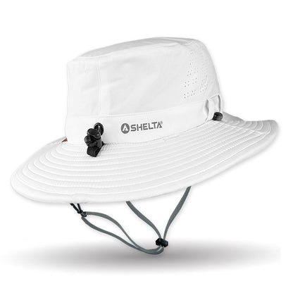 White sun hat with a visible brand logo on a white background