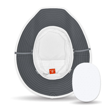 Gray sun hat with white brim on a white background