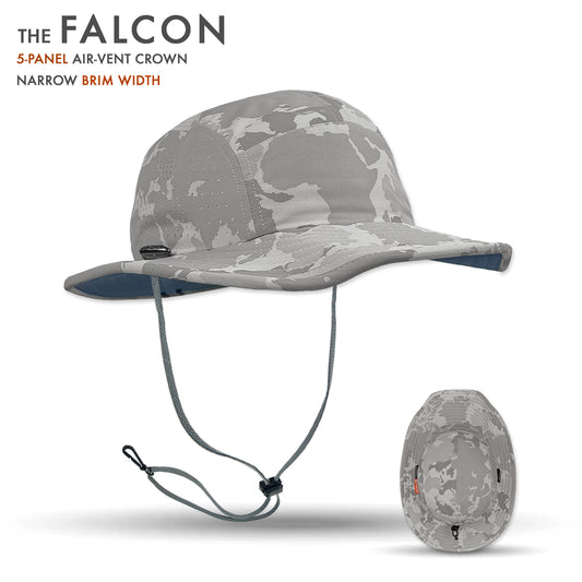 Camouflage bucket hat with 'The Falcon' branding on a white background