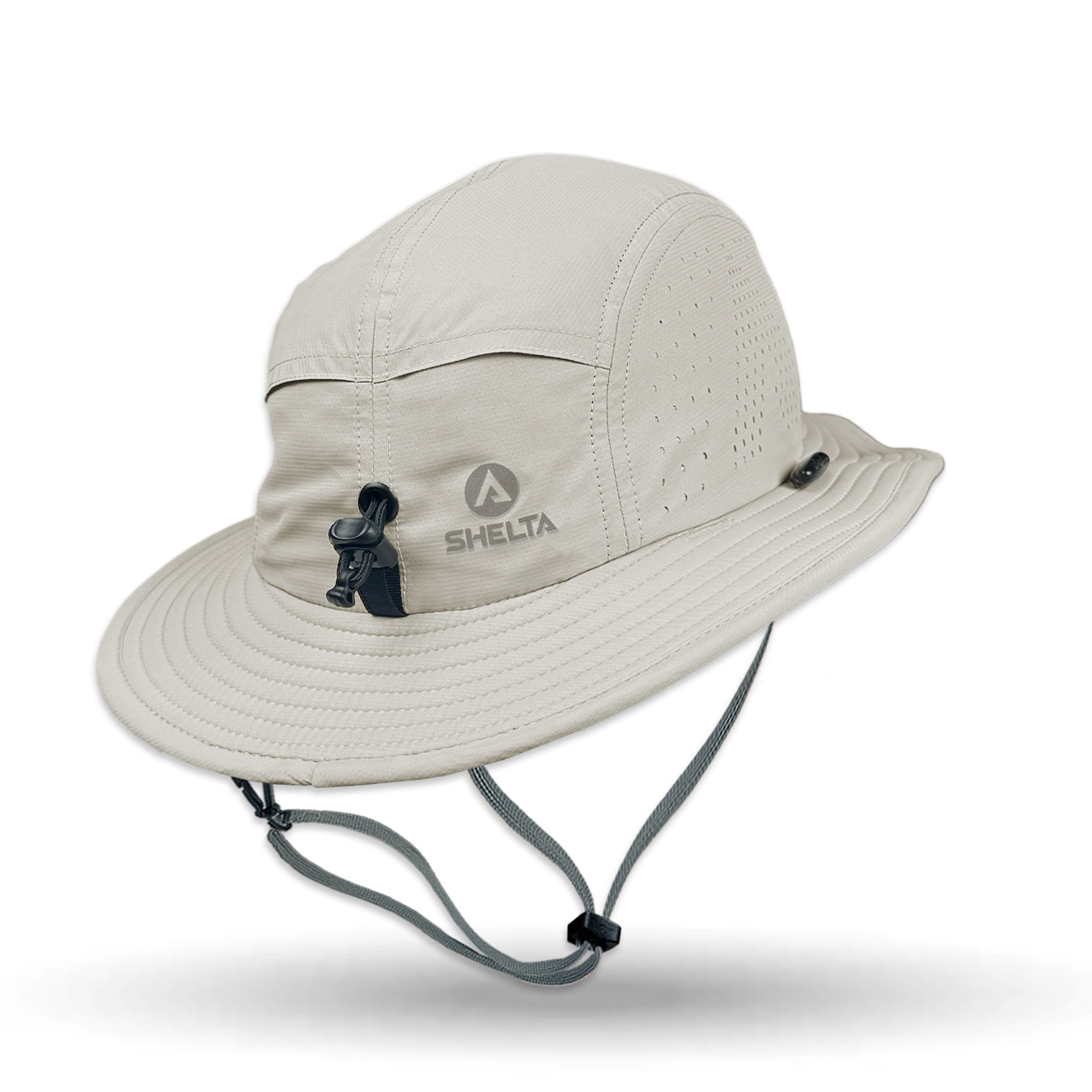 Beige bucket hat with a brand logo on a white background