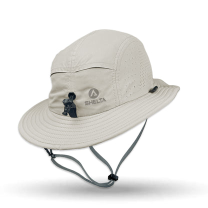 Beige bucket hat with a brand logo on a white background