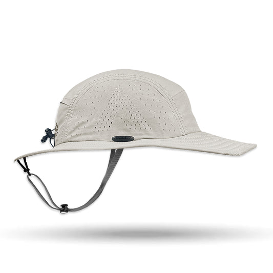 Beige sun hat with a chin strap on a white background