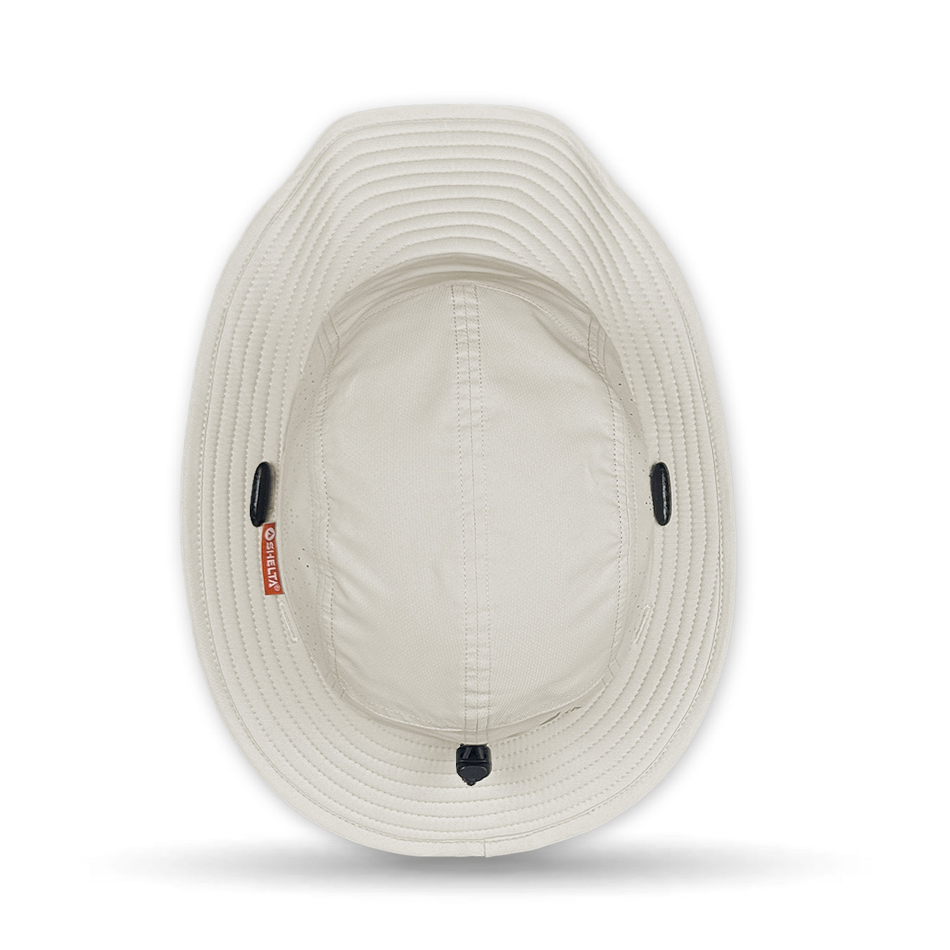 Beige bucket hat with a brand logo on a white background