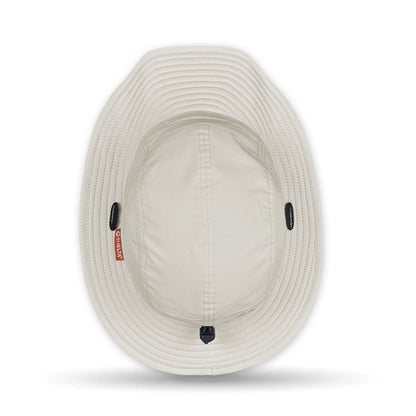 Beige bucket hat with a brand logo on a white background