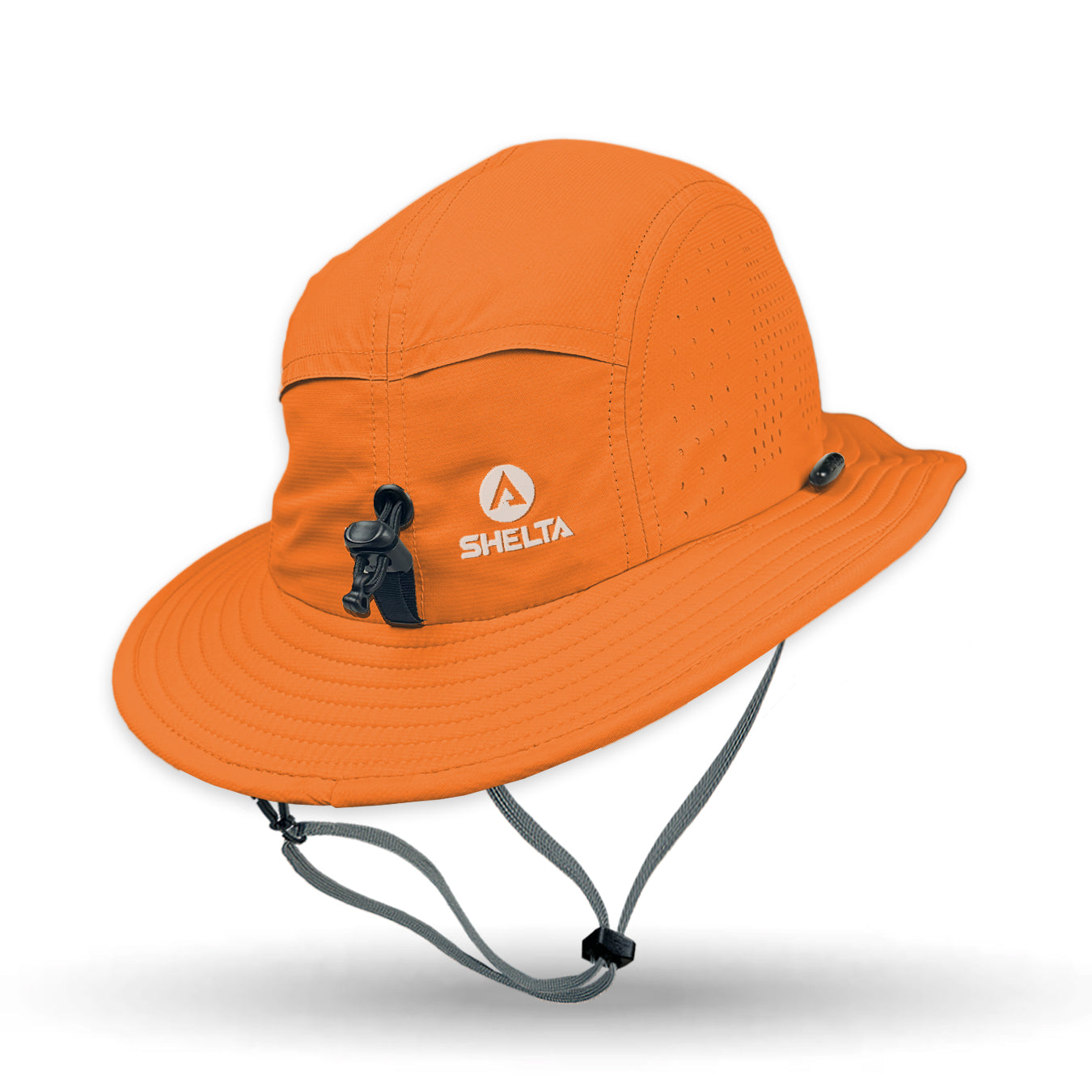 Orange sun hat with a brand logo on a white background
