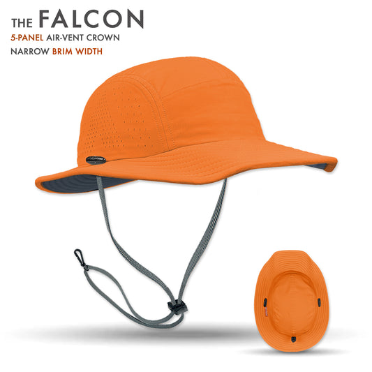 Orange hat with chin strap on a white background, labeled 'The Falcon'.