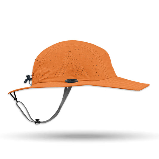 Orange sun hat with a chin strap on a white background