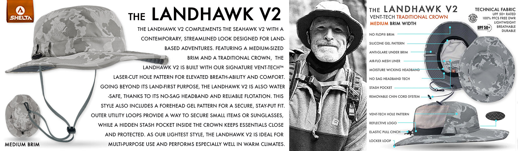 Product description of the Landhawk V2 hat with text and images.
