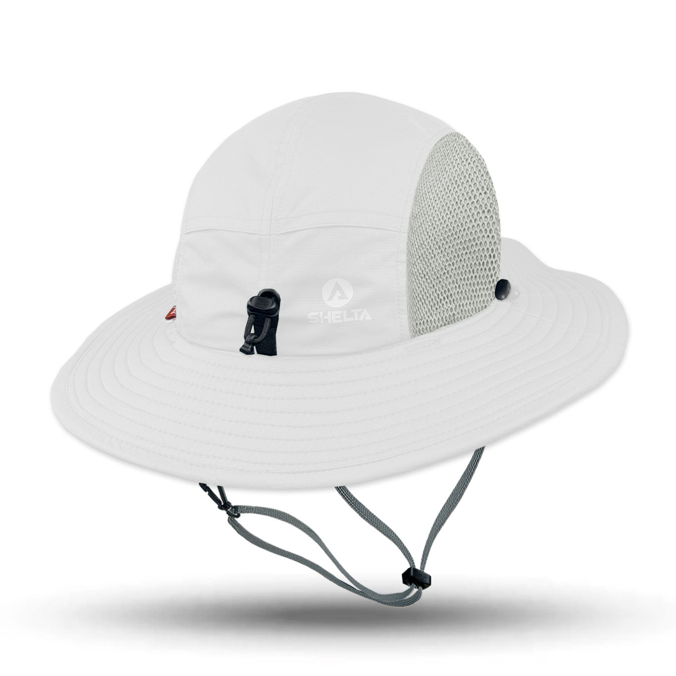 White Shelta sun hat with a chin strap on a white background