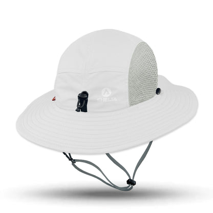 White Shelta sun hat with a chin strap on a white background