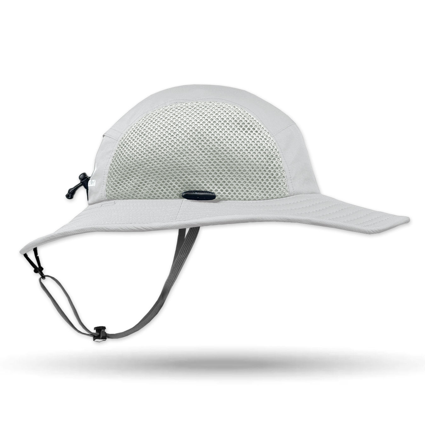 White Shelta sun hat with a chin strap on a white background