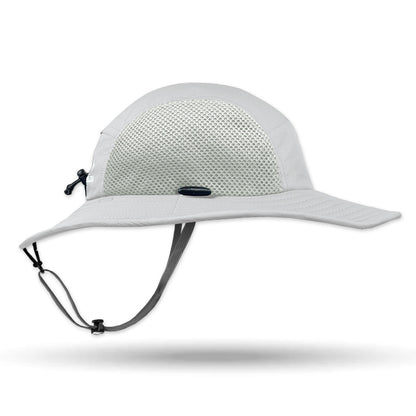 White Shelta sun hat with a chin strap on a white background