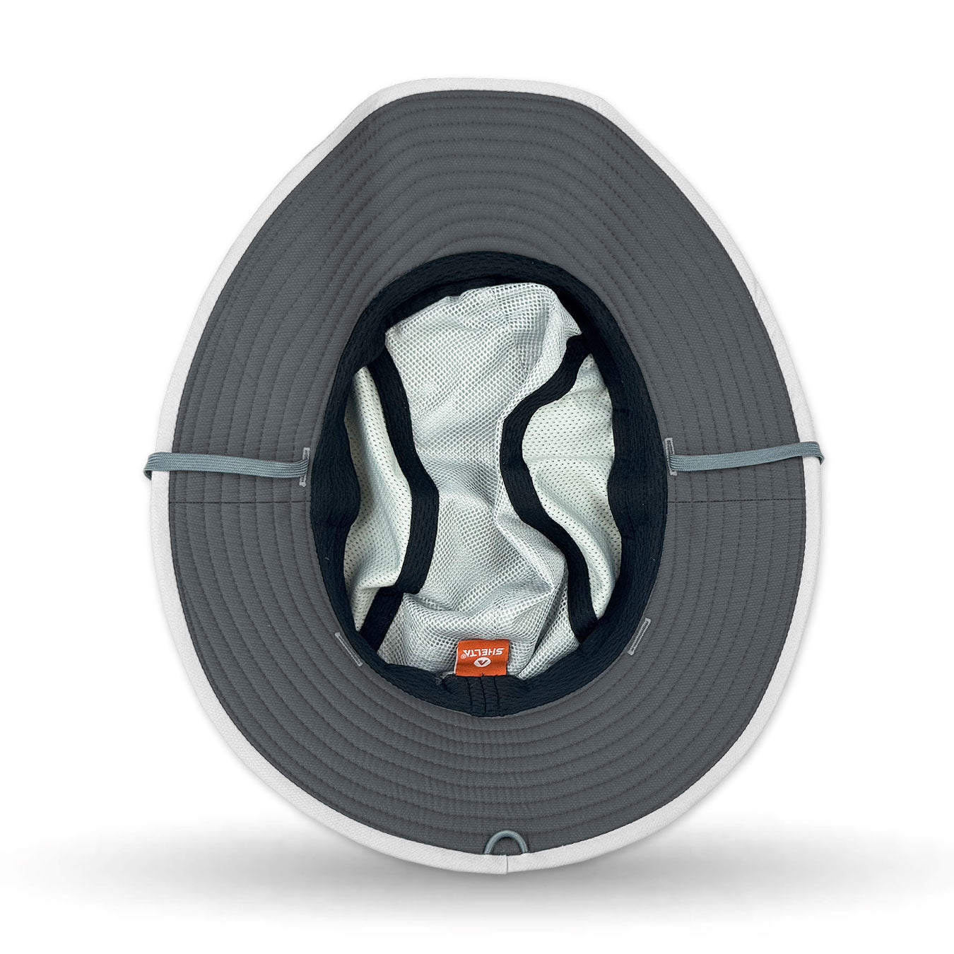 White Shelta sun hat with a chin strap on a white background