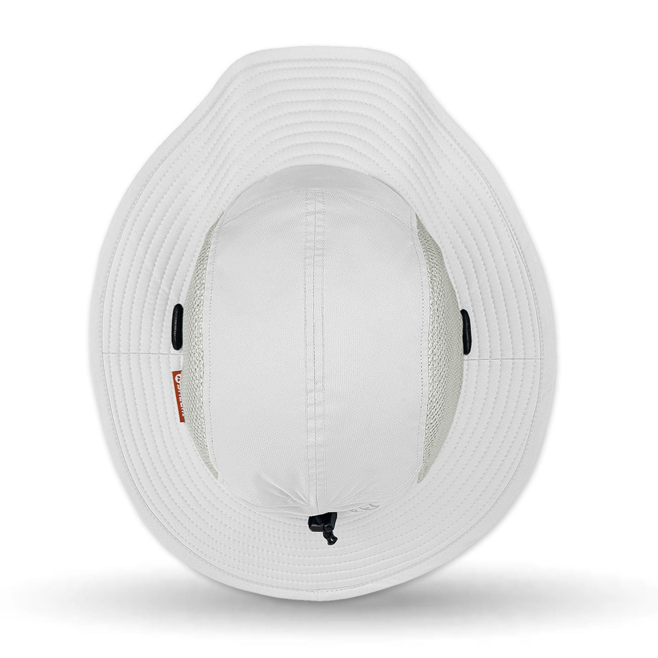 White Shelta sun hat with a chin strap on a white background