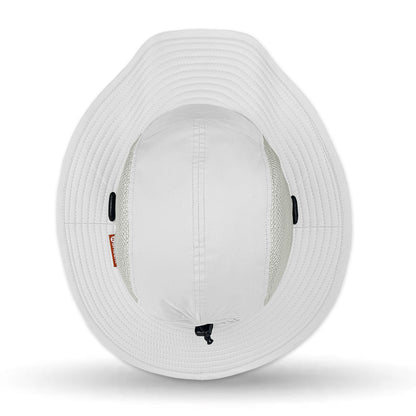 White Shelta sun hat with a chin strap on a white background