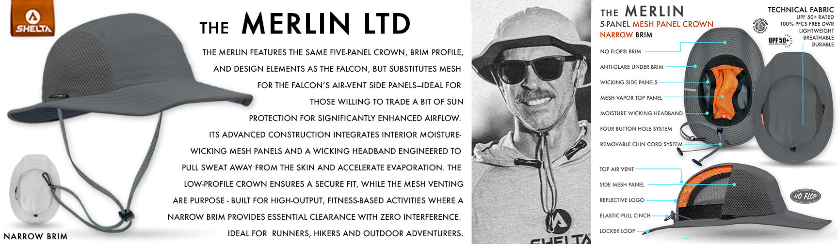 Merlin LTD product display with a person wearing sunglasses and a hat, and product details.
