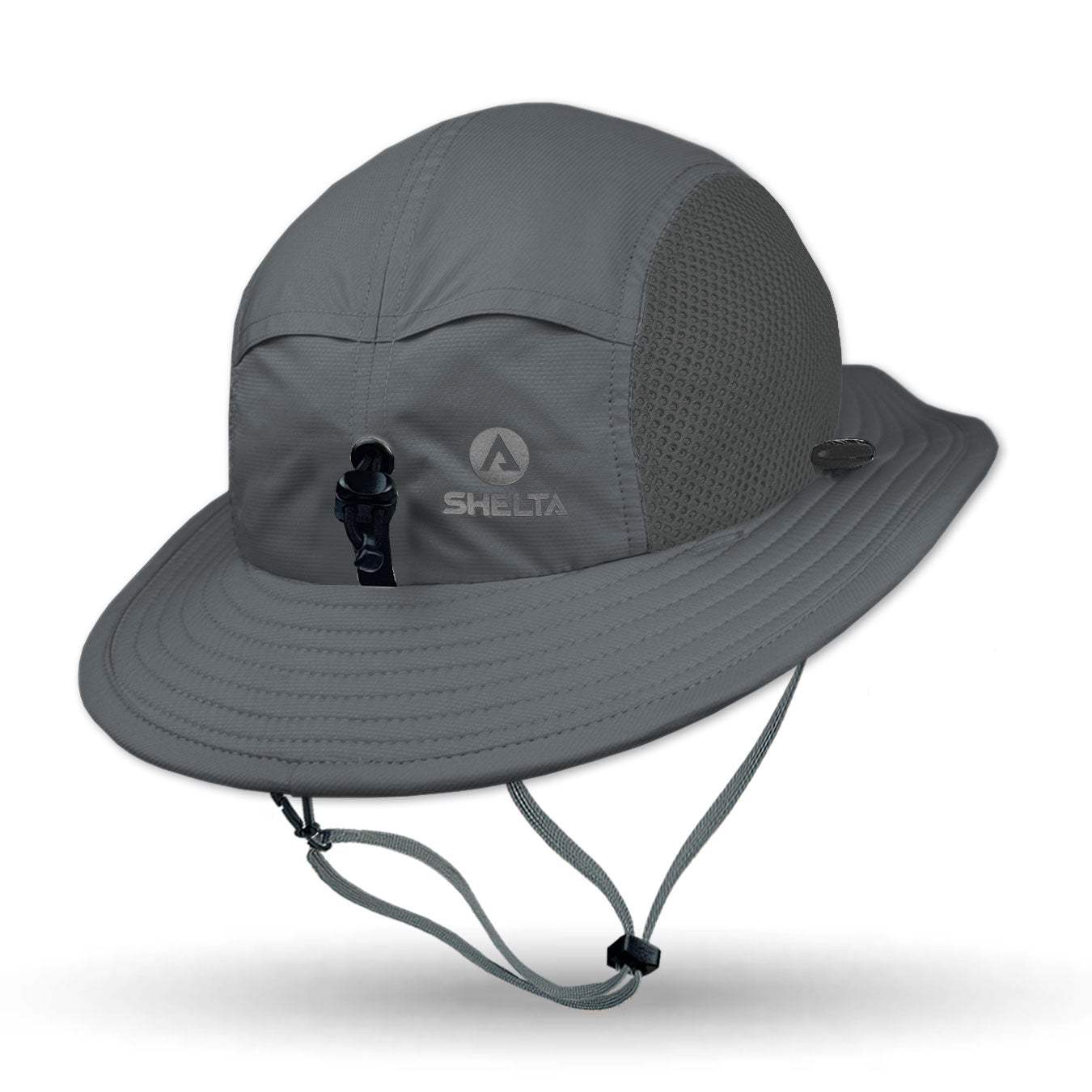 Gray Shelta Merlin sun hat with a chin strap on a white background