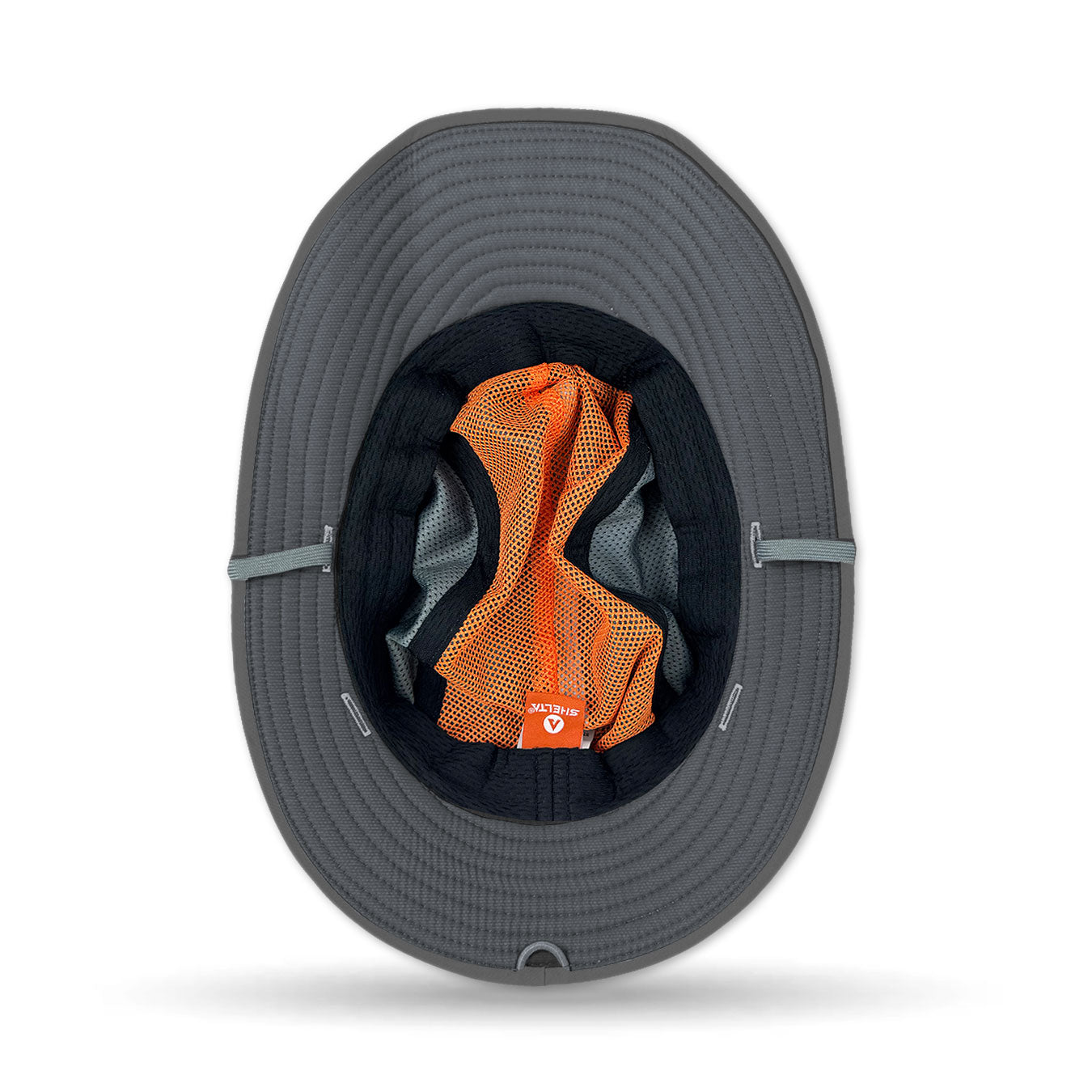 Gray Shelta Merlin sun hat with a chin strap on a white background