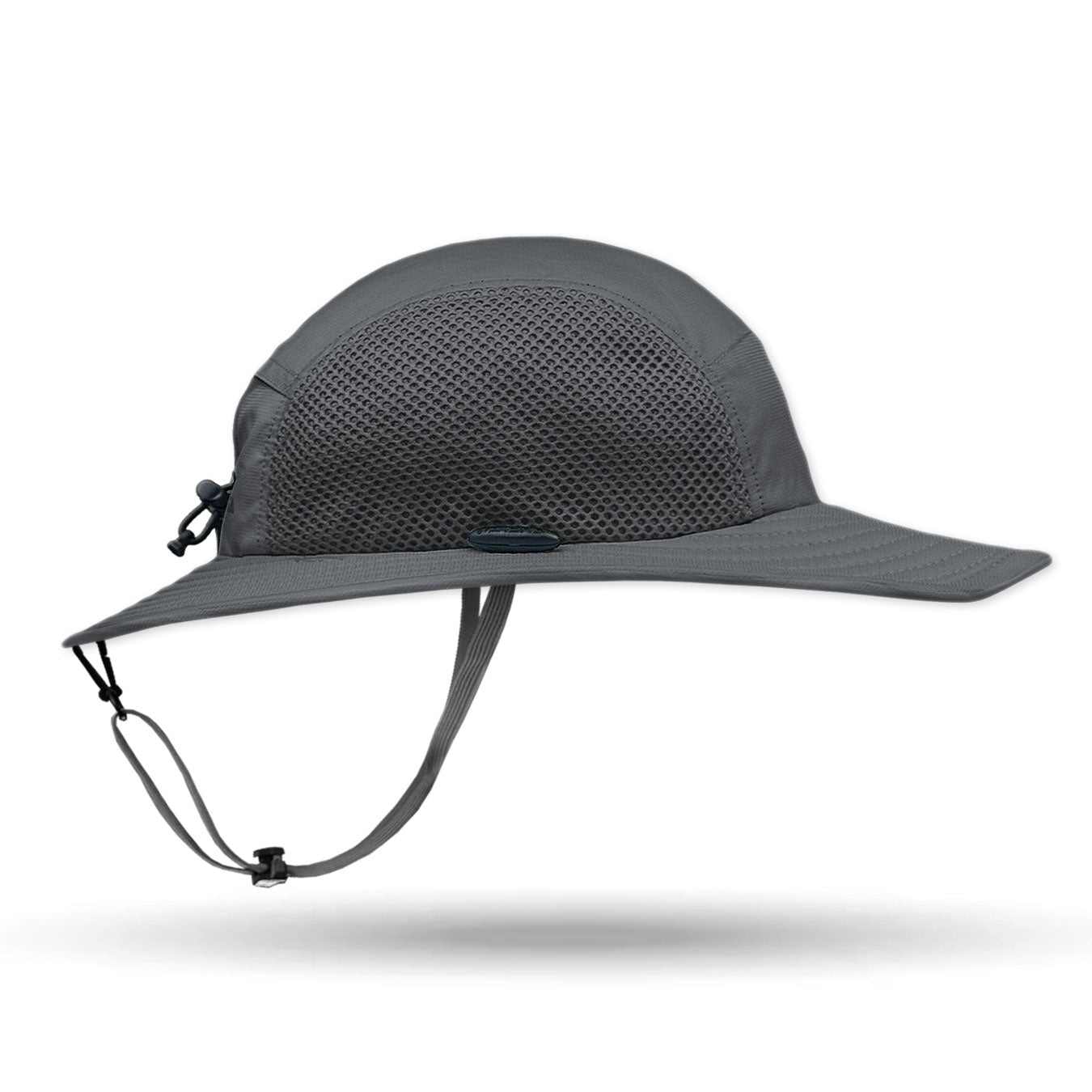 Gray Shelta Merlin sun hat with a chin strap on a white background