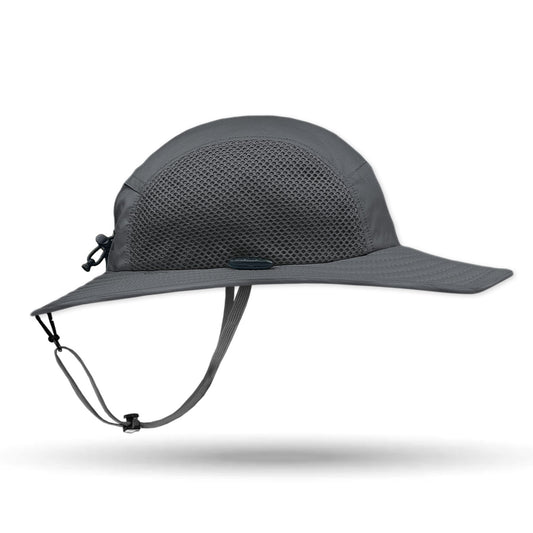 Gray Shelta Merlin sun hat with a chin strap on a white background