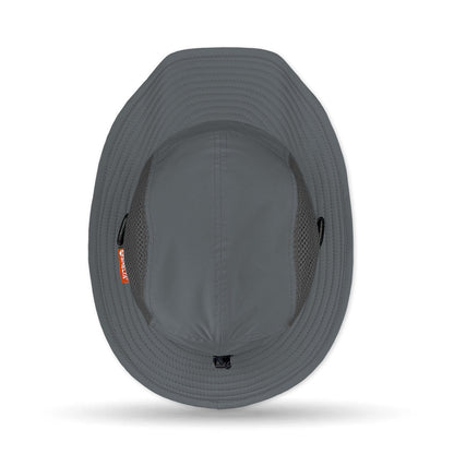 Gray Shelta Merlin sun hat with a chin strap on a white background