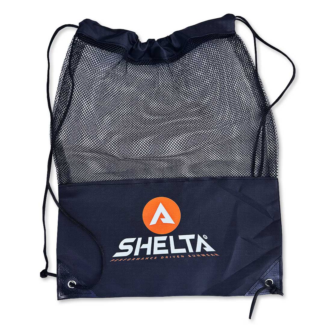 Navy drawstring bag with mesh side and Selta logo on a white background