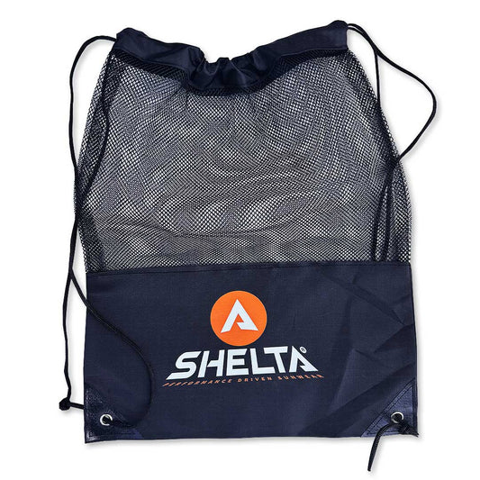 Navy drawstring bag with mesh side and Selta logo on a white background