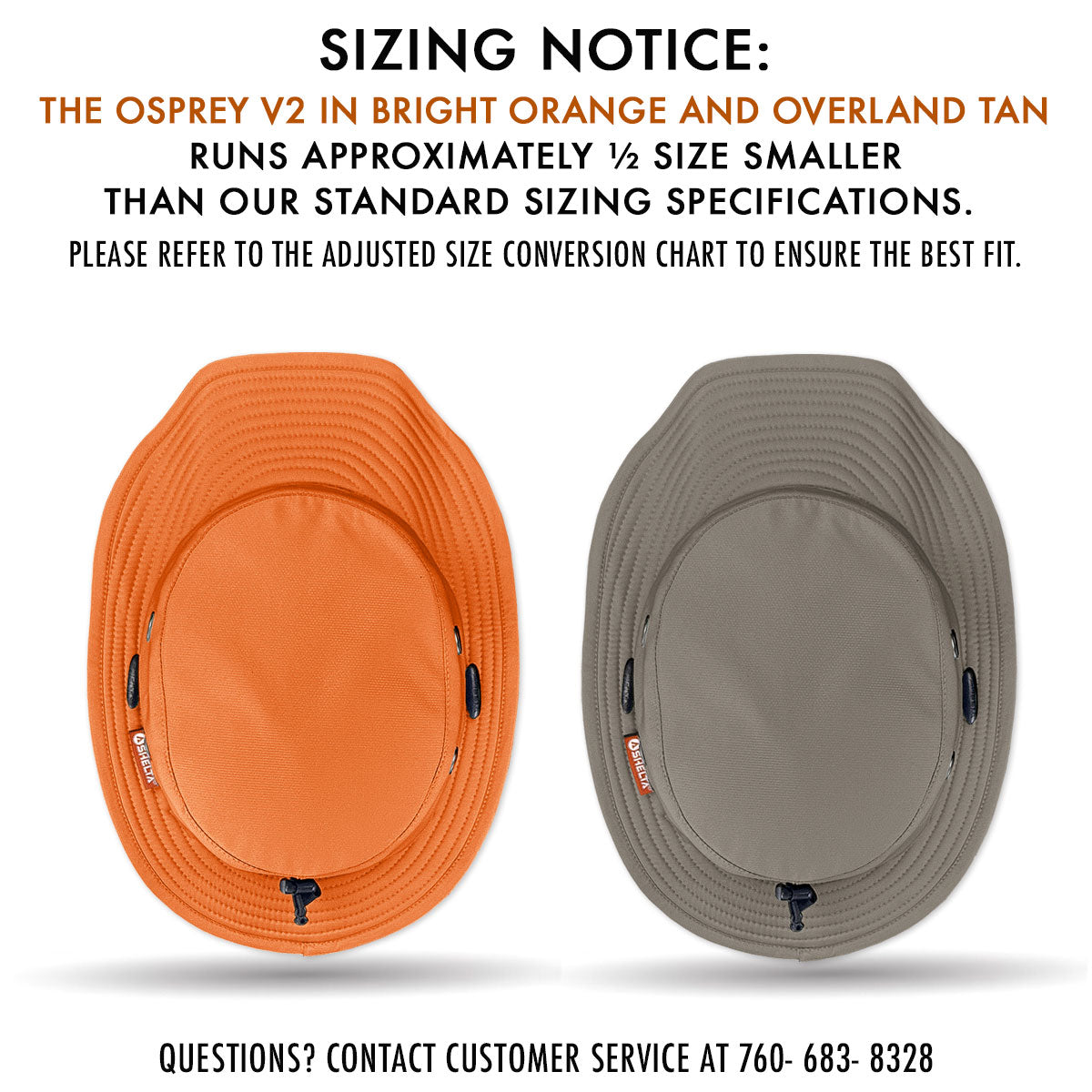 Two hats, one orange and one overland tan, with a sizing notice on a white background.