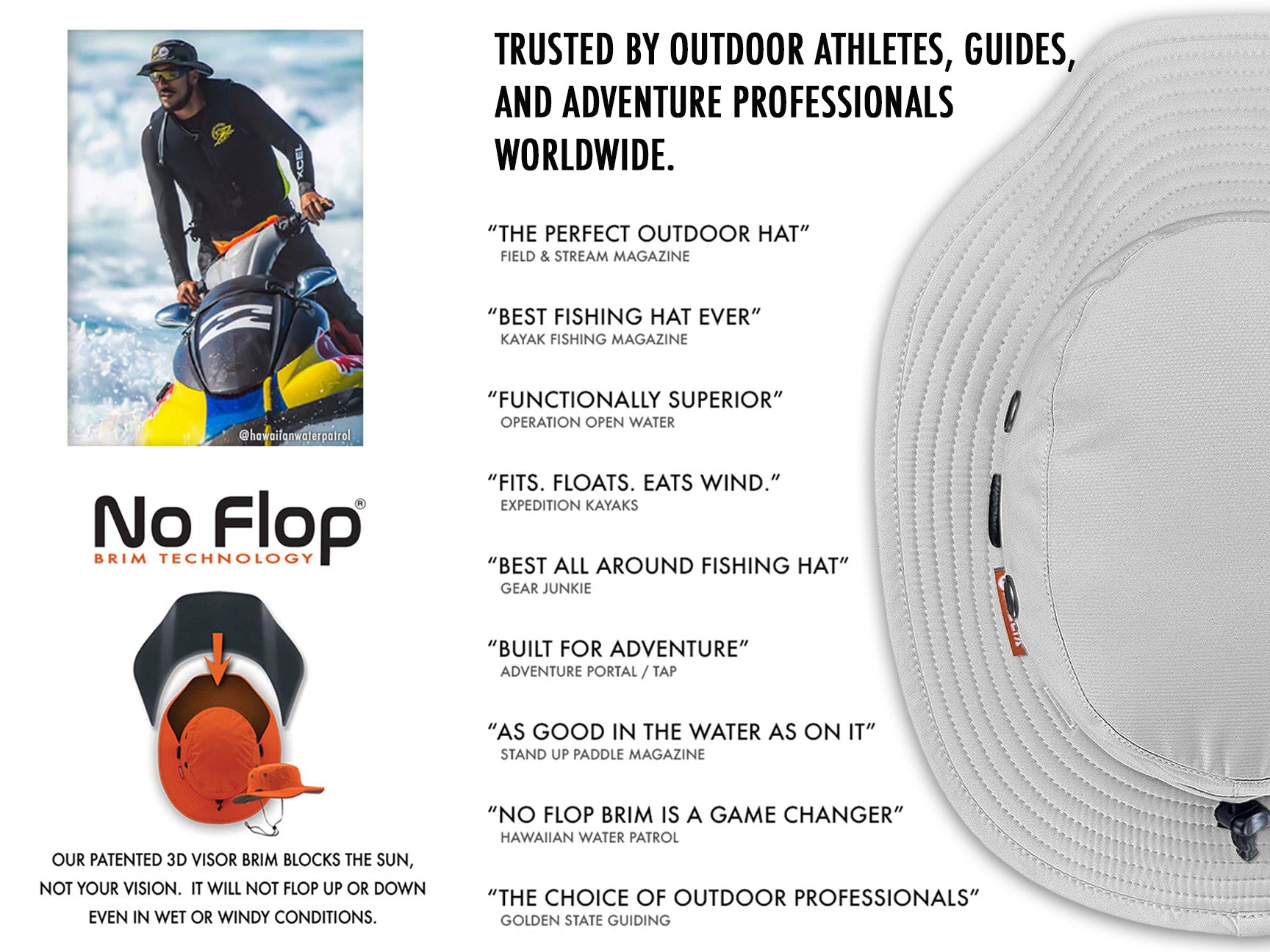 Advertisement for No Flop fishing hat with text highlighting its features and benefits.