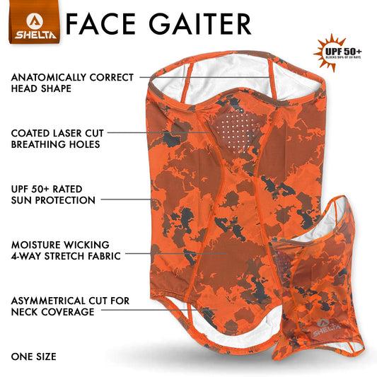 Face Gaitor in Burnt Orange Camo Color description