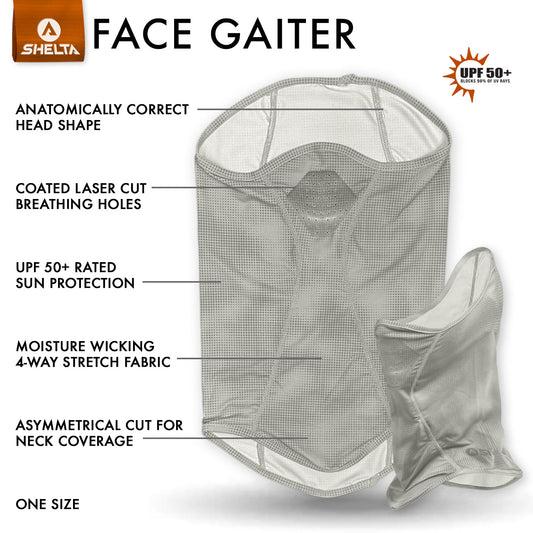Shelta face gaiter with features highlighted on a white background
