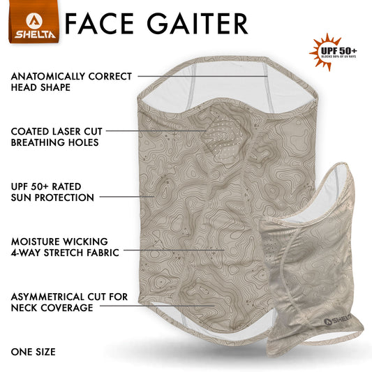 Shelta face gaiter with features highlighted on a white background