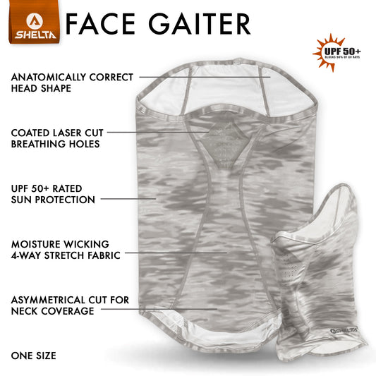 Shelta face gaiter with features labeled on a white background