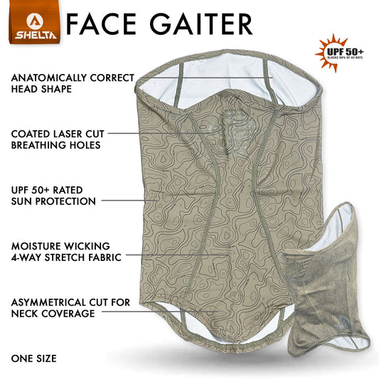 Shelta face gaiter with features highlighted on a white background