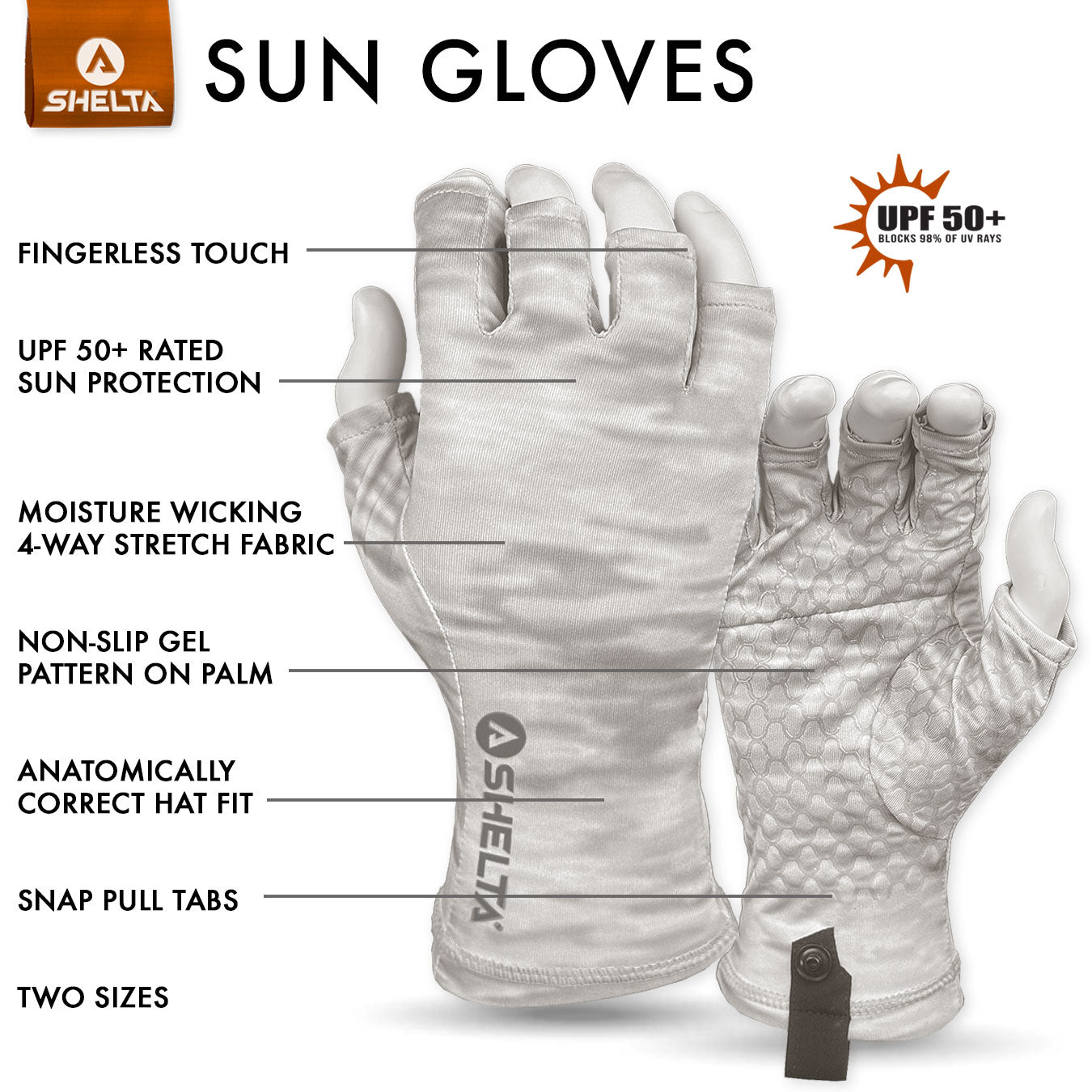 SHELTA sun gloves with features labeled on a white background