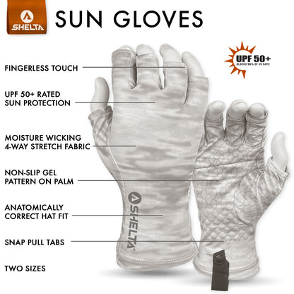SHELTA sun gloves with features labeled on a white background