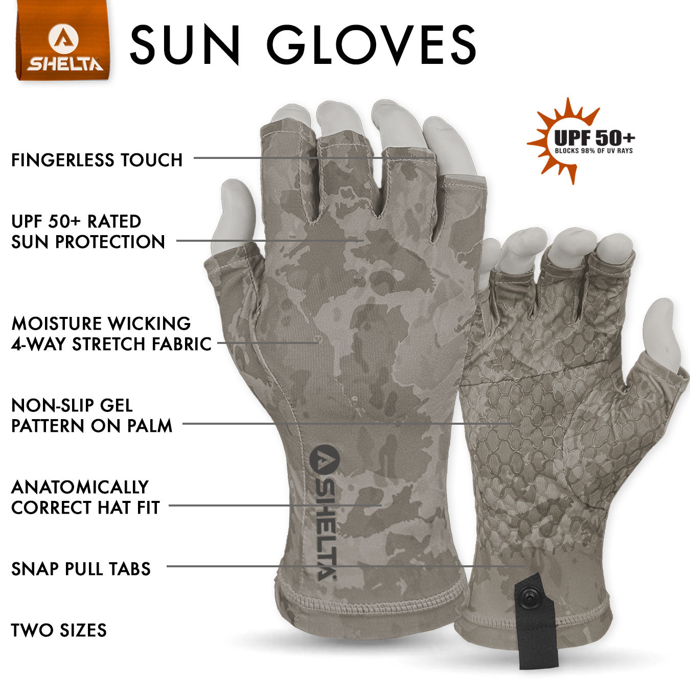 Camouflage sun gloves with features labeled on a white background