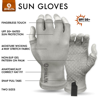 SHELTA sun gloves with features labeled on a white background