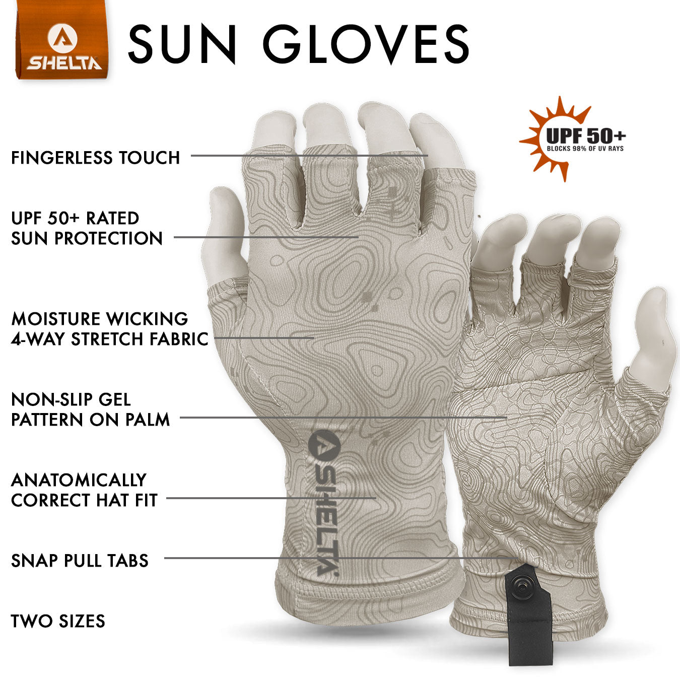 SHELTA sun gloves with features highlighted on a white background